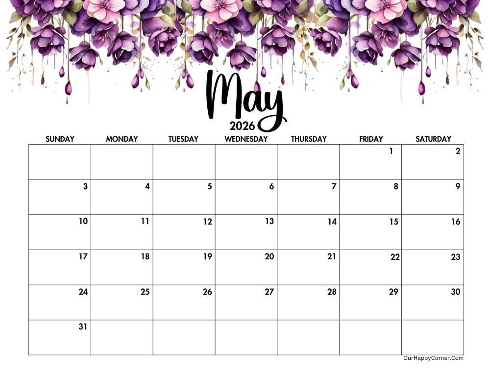 May purple horizontal calendar