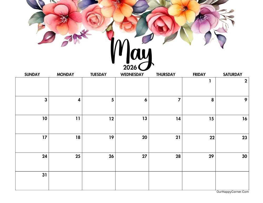 May floral 2026 horizontal calendar