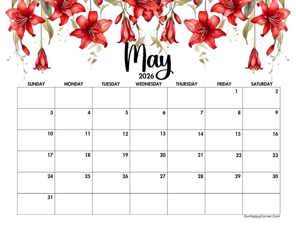 May flora horizontal calendar