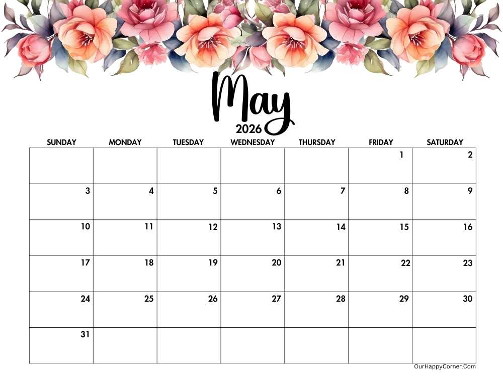 May floral horizontal calendar