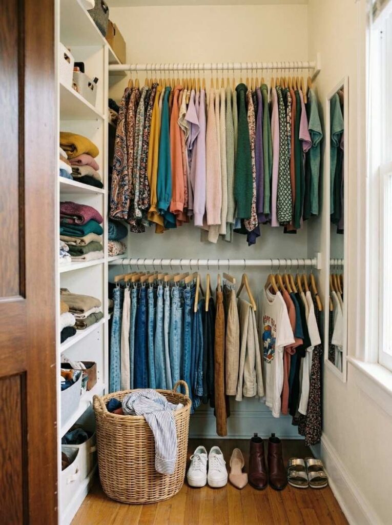 small walk-in closet with double hanging rods and organized clothing