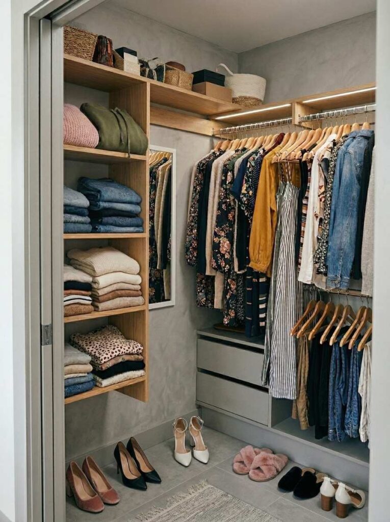 shelves and hanging clothes combination