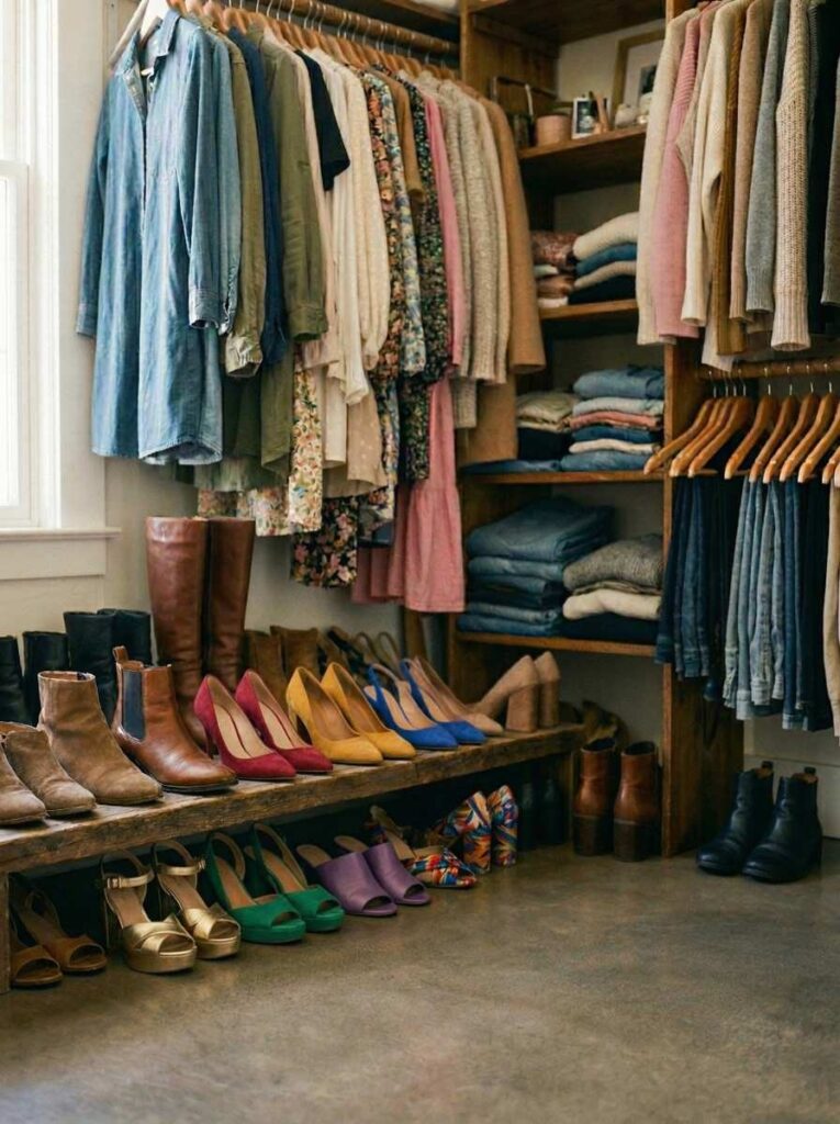 closet with shoe display and lower shelf storage bench