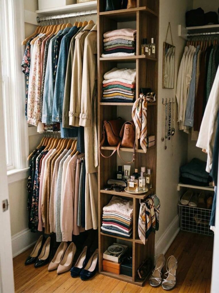 narrow shelf tower for folded clothes and accessories