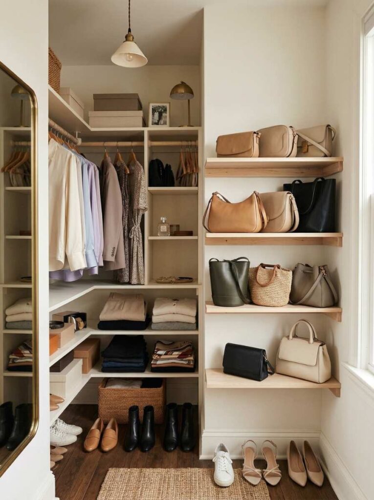 handbag shelf display in closet