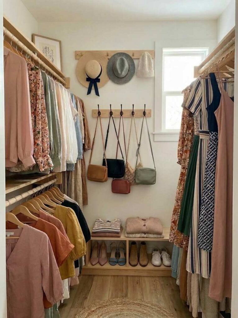 wall hooks for bags and hats in small closet