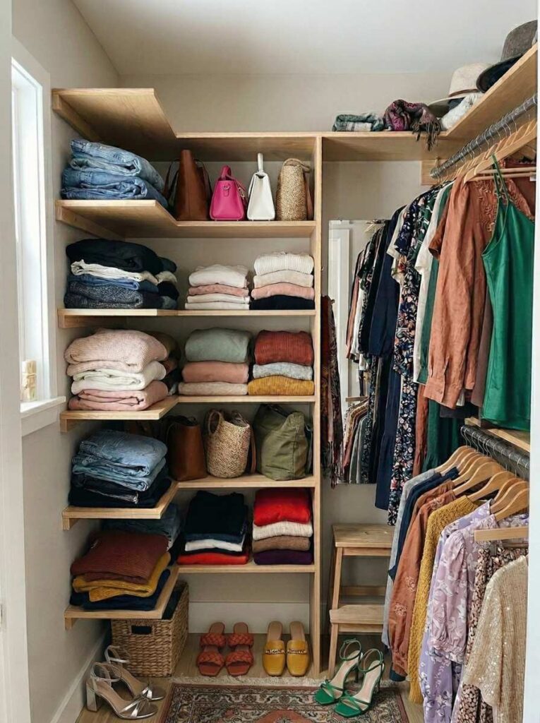 corner shelving used in small walk-in closet