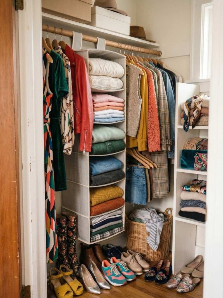 closet with hanging fabric shelves for folded clothes organization