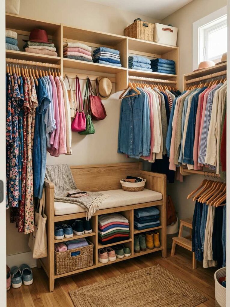 storage bench in small walk-in closet