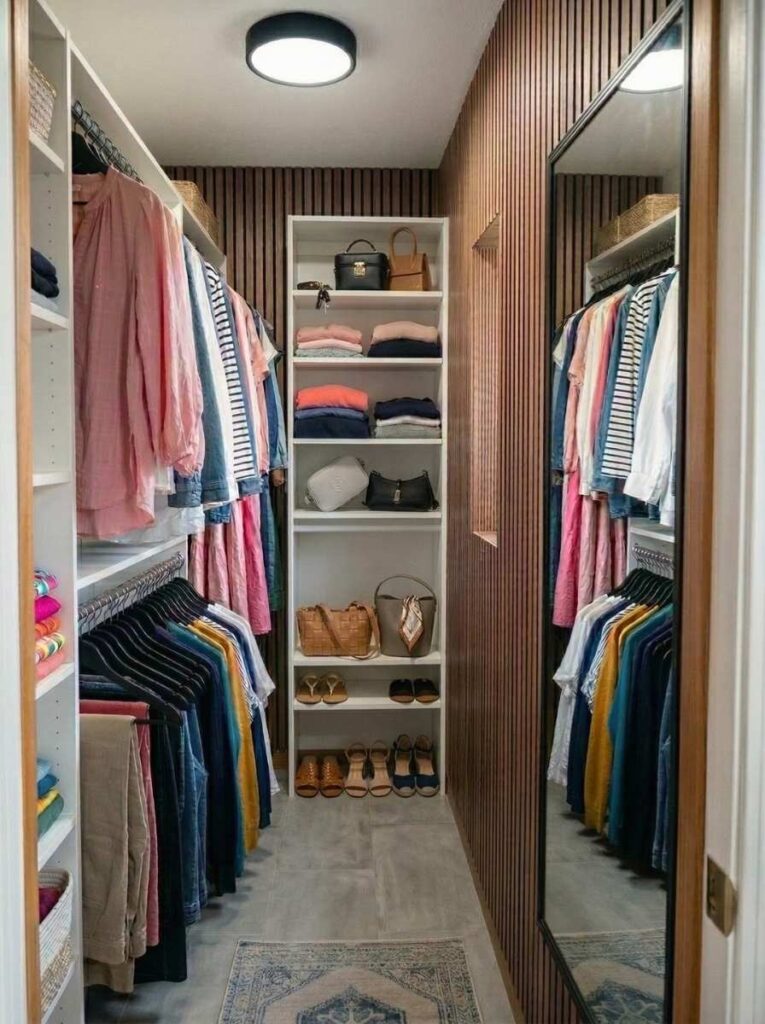 mirror in small walk-in closet to expand space