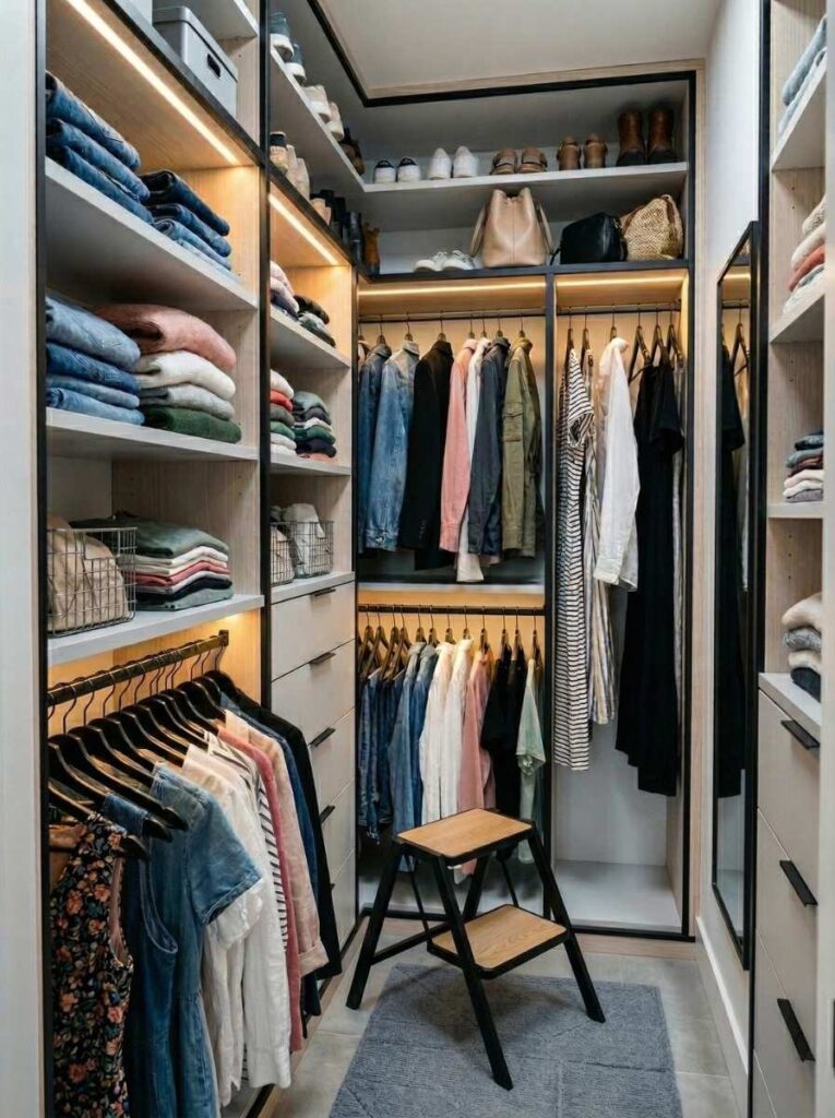 small walk-in closet with LED shelf lighting