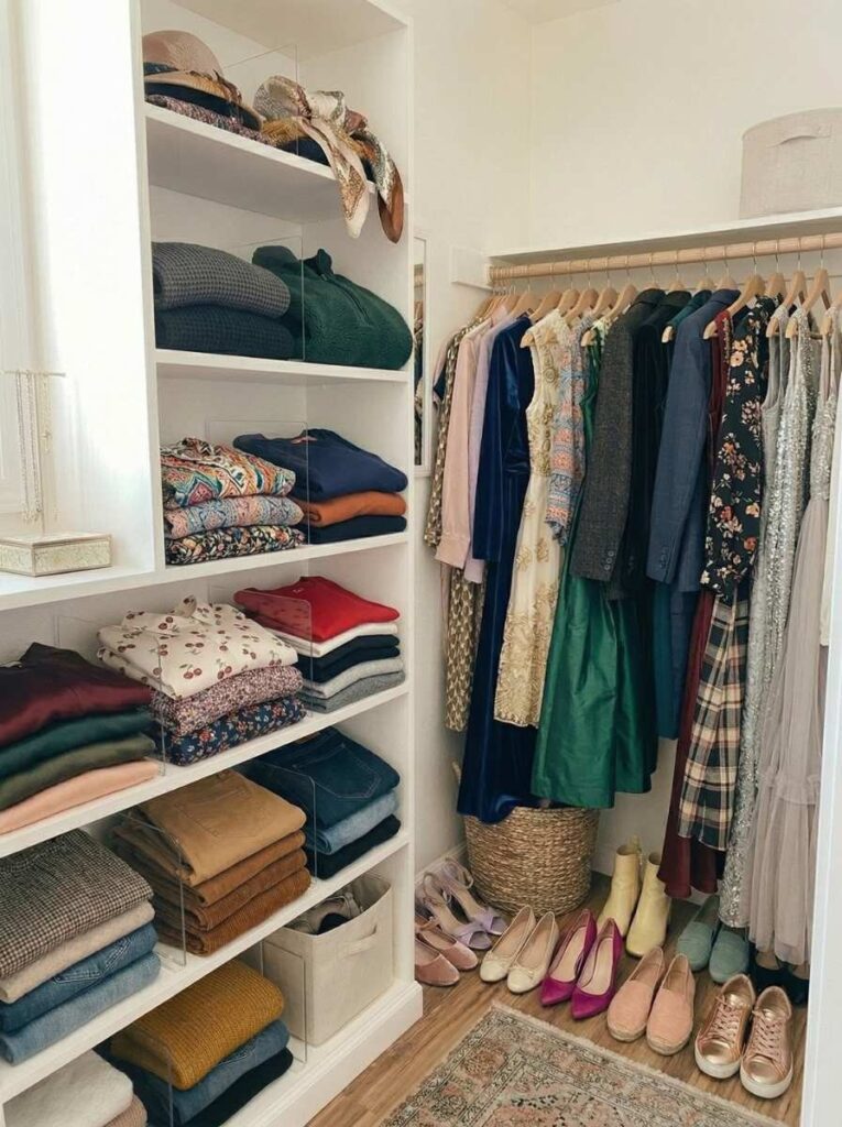 small closet with open shelves and neatly folded clothes