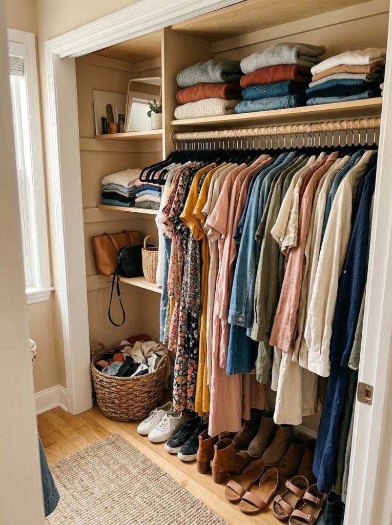 narrow walk-in closet with single rod and upper shelf storage