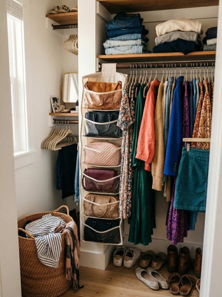 small walk-in closet with hanging handbag organizer and neatly stored bags