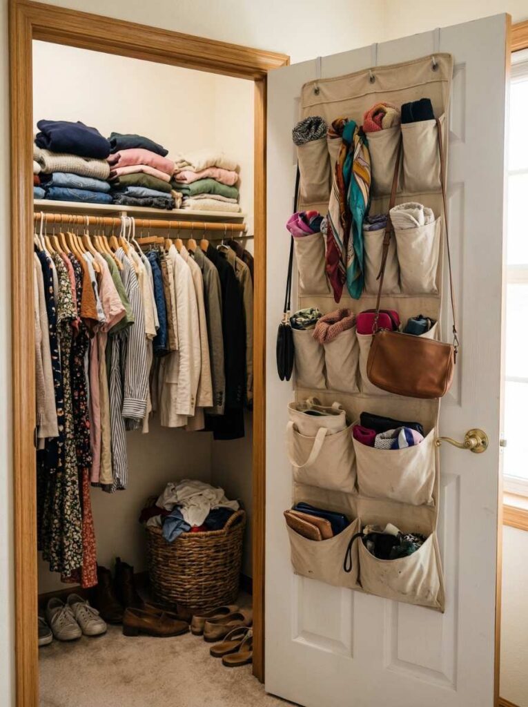 small closet with over-the-door organizer for accessories