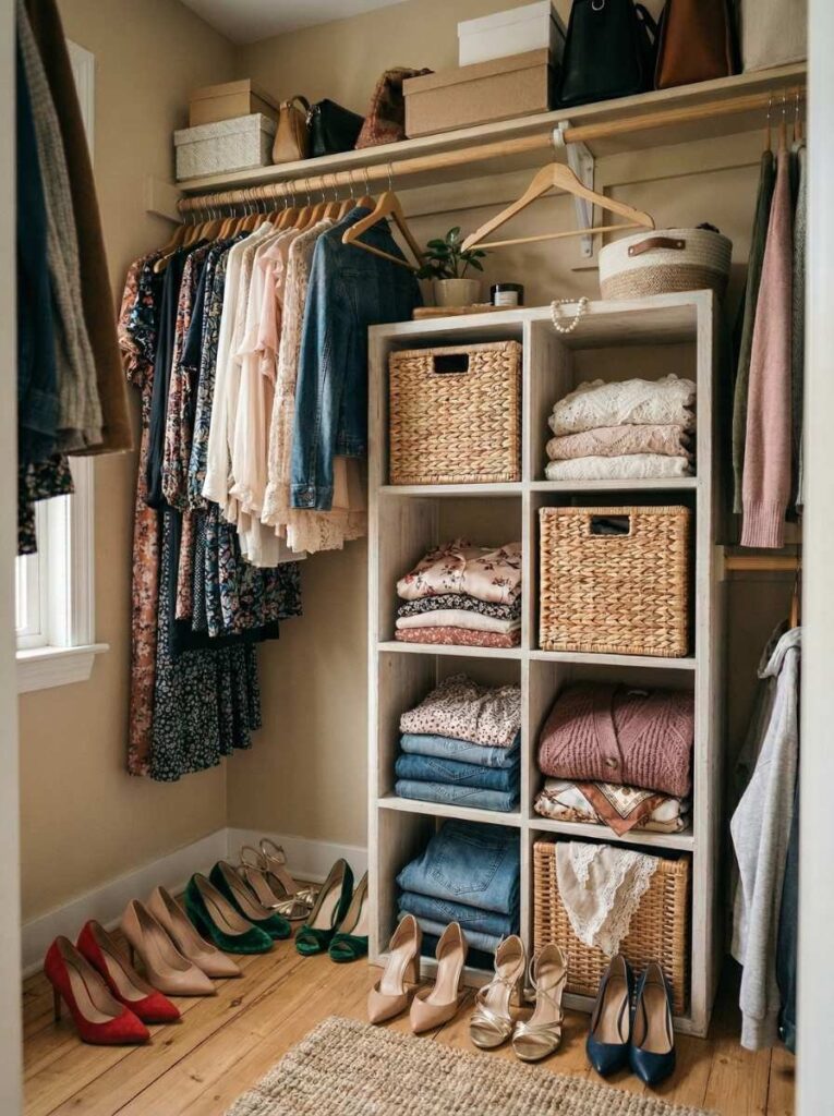 walk-in closet with cube storage for folded clothes