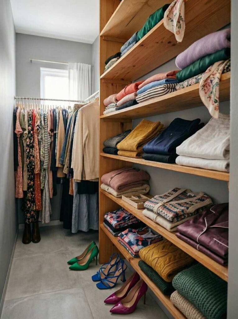 open shelves for folded clothes
