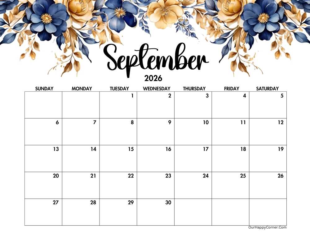 Blue and gold horizontal calendar
