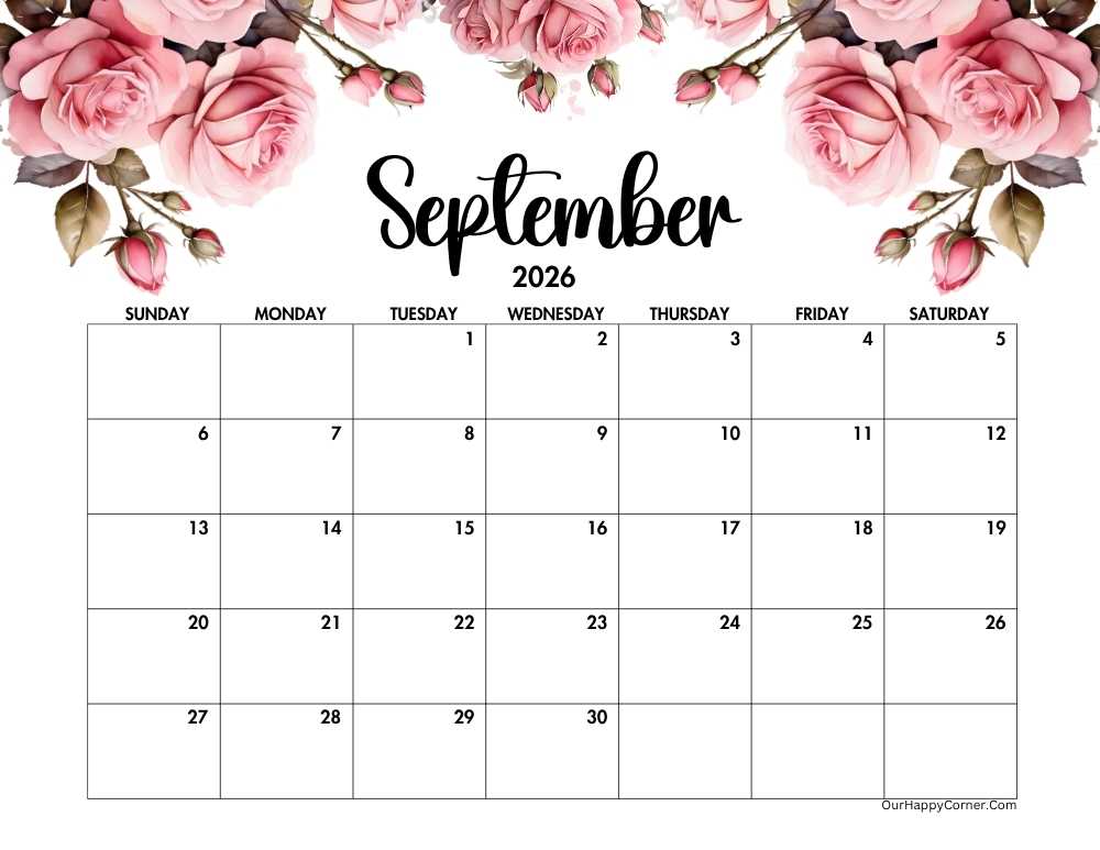 Pink roses horizontal calendar