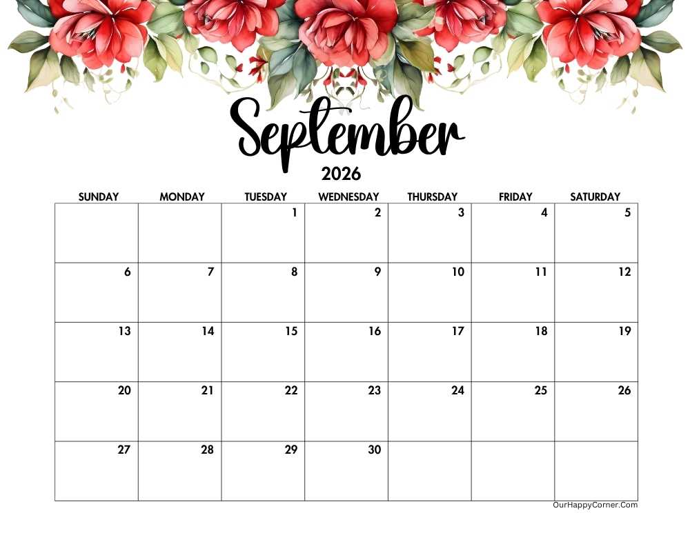 Red floral horizontal calendar