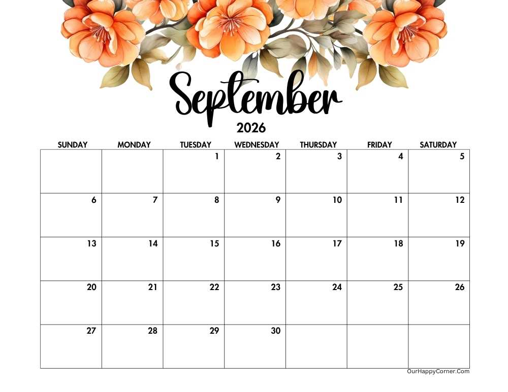 Orange floral horizontal September 2026 calendar