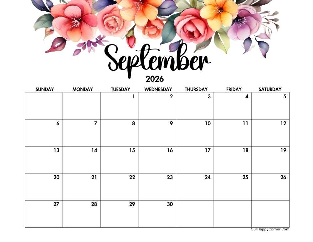 Floral horizontal September 2026 calendar