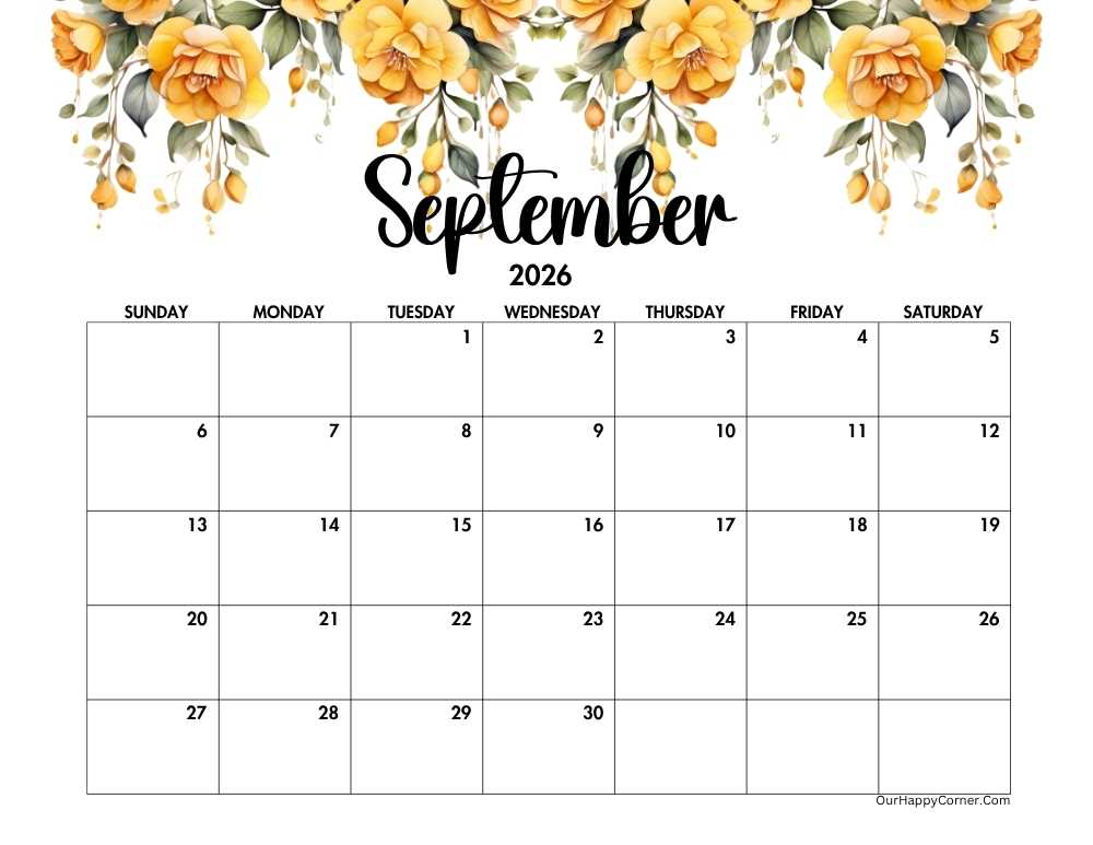 Yellow horizontal floral calendar
