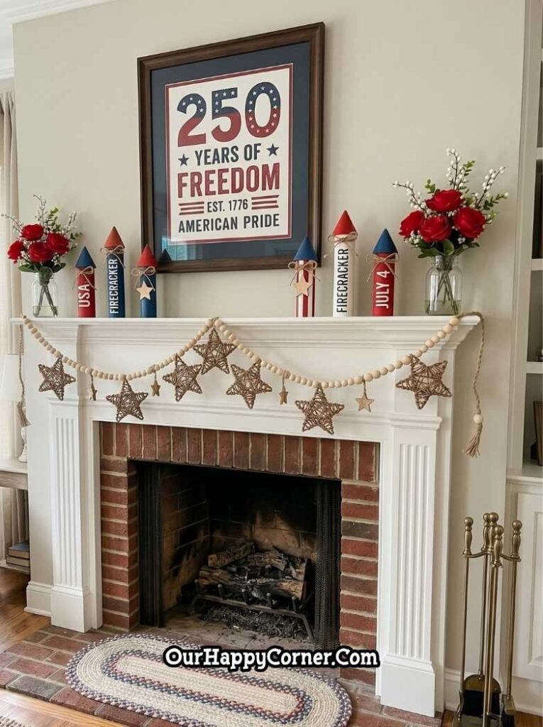 250 Years of Freedom" framed print, red and blue wooden firecracker decorations
