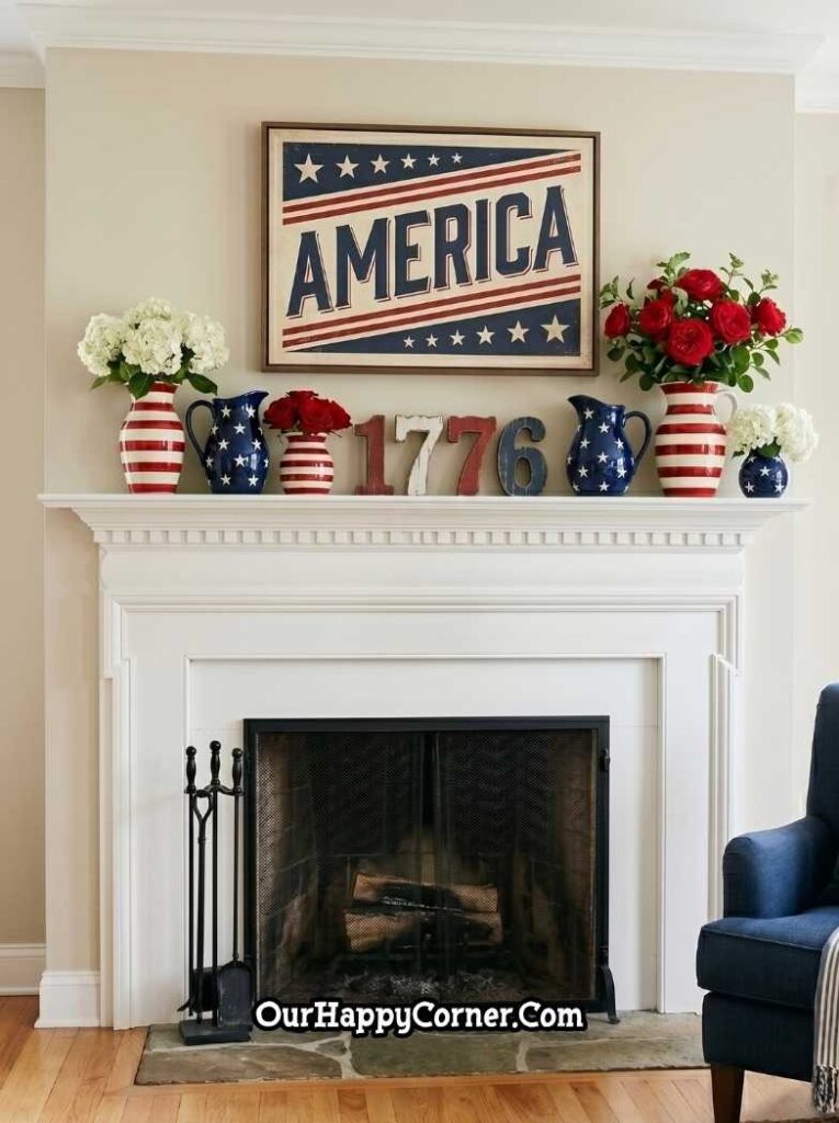  mantel with a large framed vintage "America" graphic sign