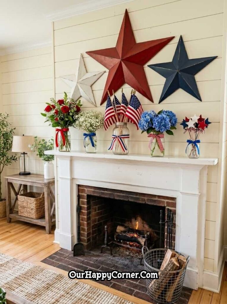 A farmhouse-style 4th of July fireplace mantel with three large barn stars in white, red, and navy on the wall above