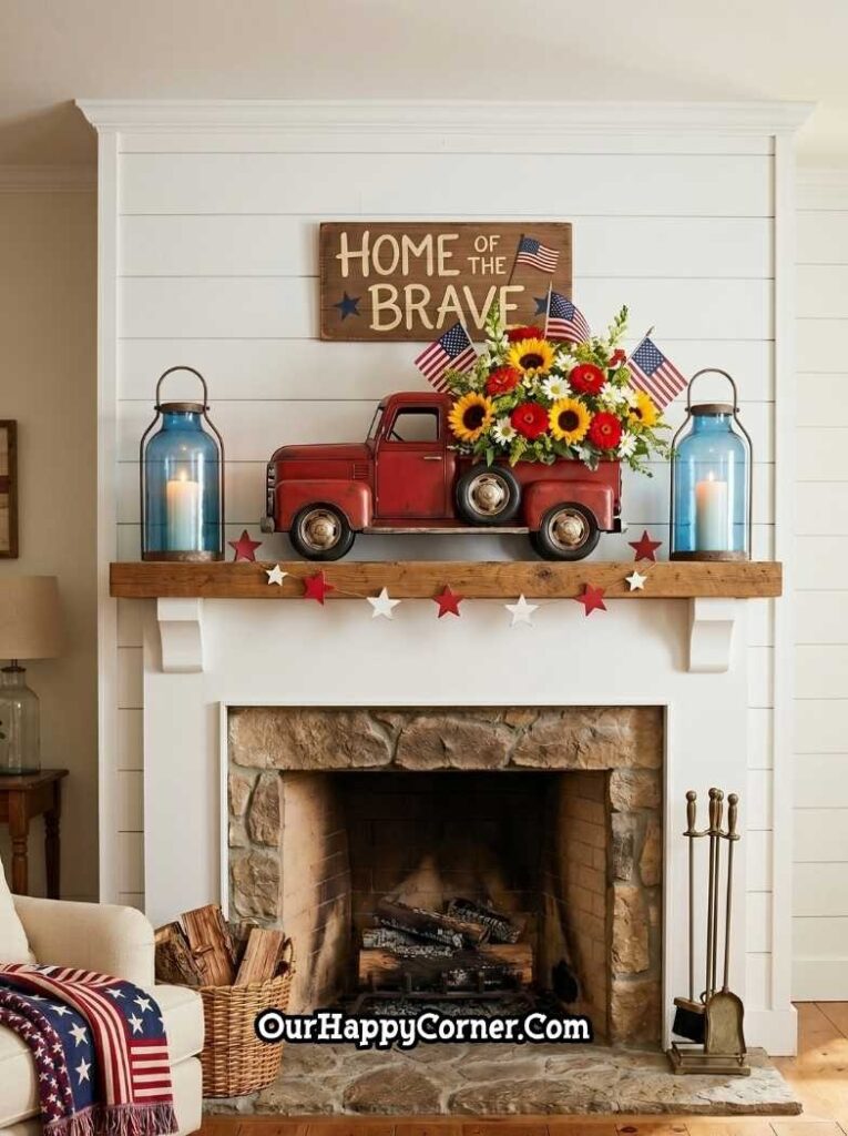 mantel featuring a vintage red pickup truck filled with sunflowers, red flowers, and American flags as a centerpiece