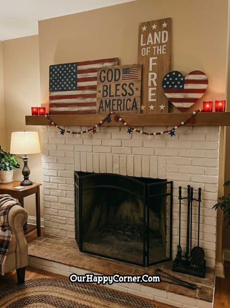 A warm and patriotic 4th of July fireplace mantel on a white-painted brick fireplace, with a layered display of wooden signs