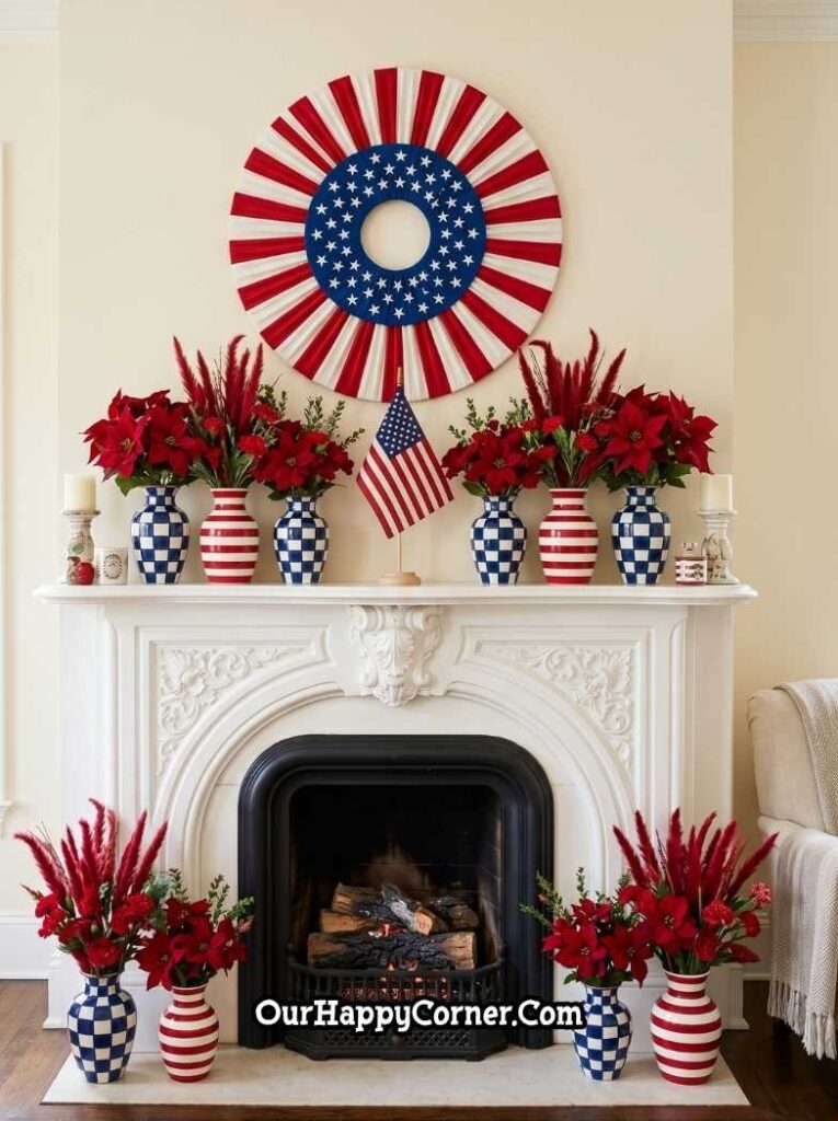 A dramatic 4th of July fireplace mantel featuring an oversized red, white, and blue flag-inspired wreath above, navy checkered and red striped ceramic vases
