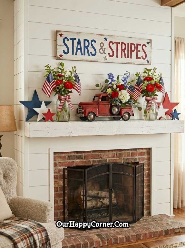 A bright farmhouse-style 4th of July fireplace mantel with a distressed white wood beam