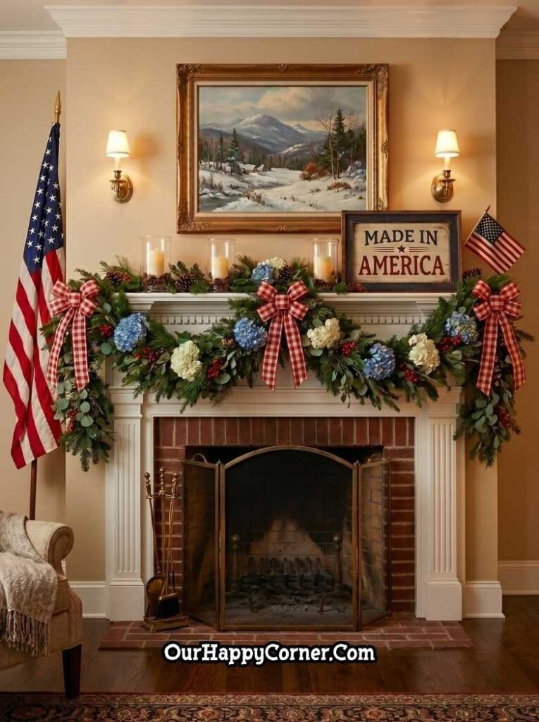 mantel with a lush pine and eucalyptus garland decorated with blue hydrangeas, white flowers, pinecones, red berries