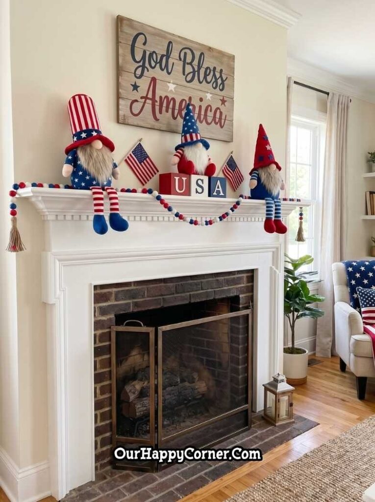 A playful 4th of July fireplace mantel with three large patriotic gnome figurines with dangling legs