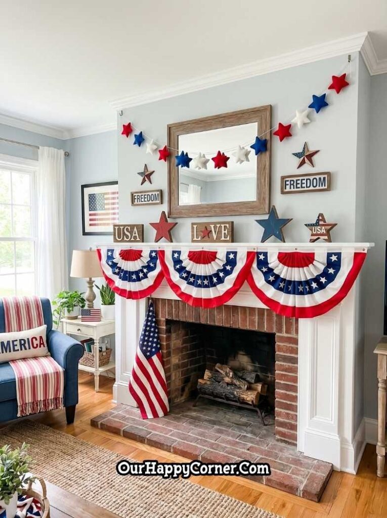 A patriotic 4th of July fireplace mantel with red, white, and blue pleated bunting, wooden USA and Freedom signs,