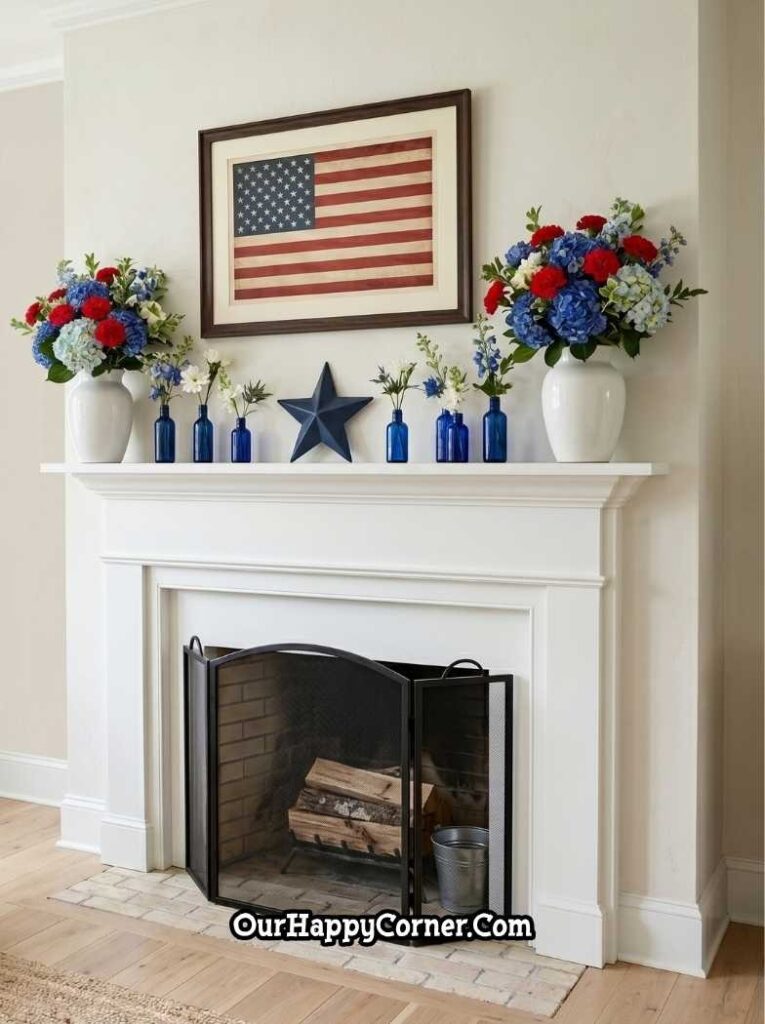 A minimalist and elegant 4th of July fireplace mantel 