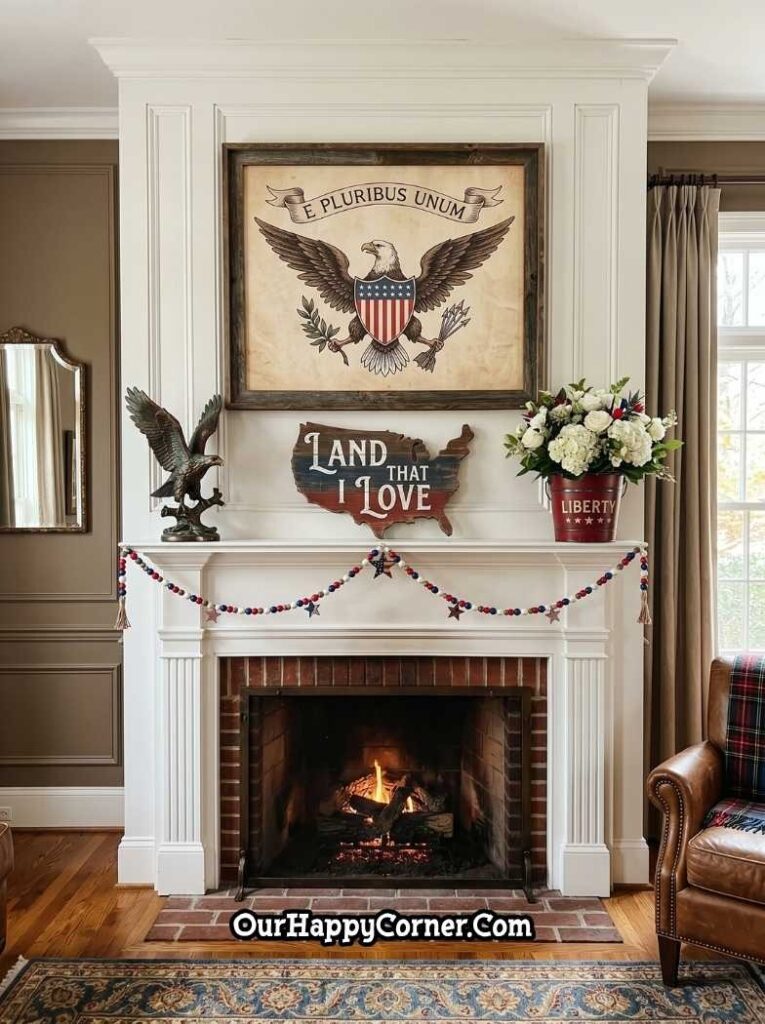 An elegant mantel featuring a framed bald eagle "E Pluribus Unum" print