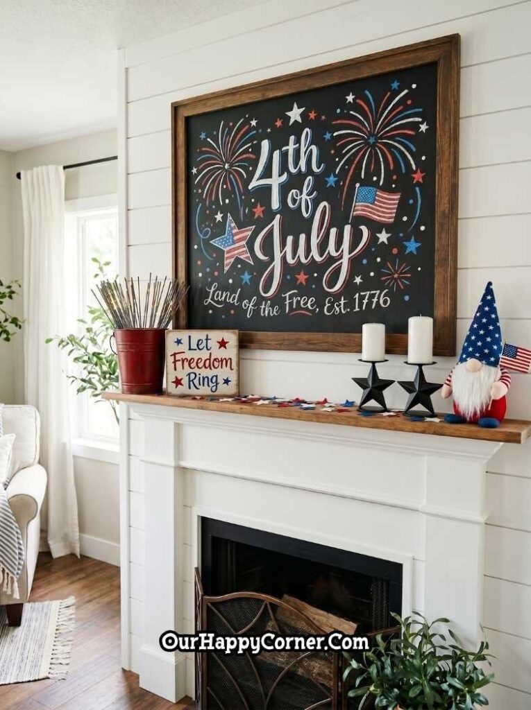 A farmhouse-style fireplace mantel with a large framed chalkboard fireworks sign.