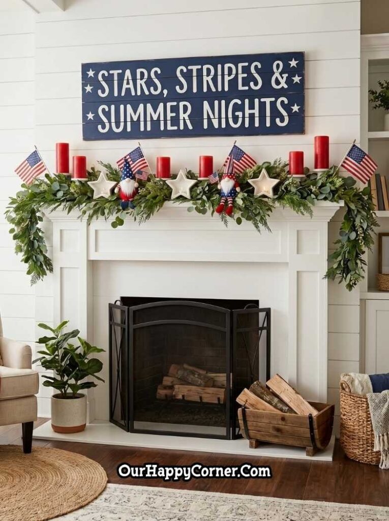  mantel styled with a navy "Stars, Stripes & Summer Nights" wooden sign