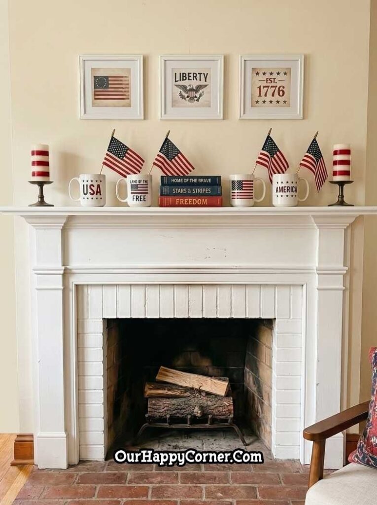 fireplace mantel featuring three vintage patriotic framed prints above, patriotic-themed coffee mugs