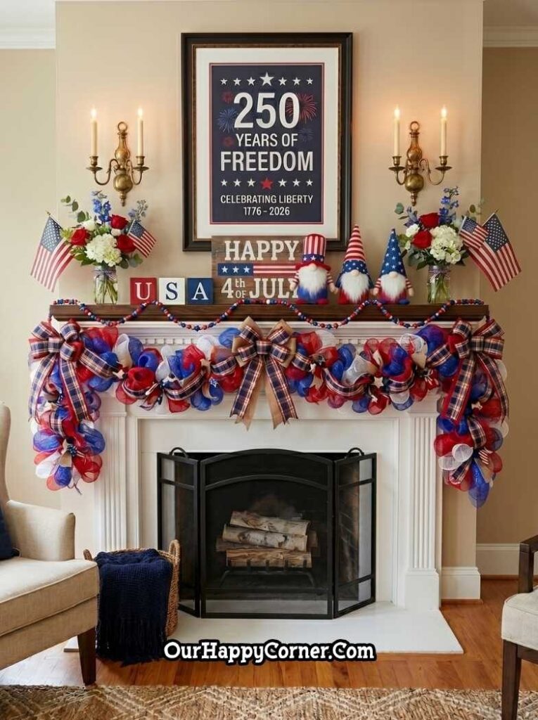ireplace mantel featuring a red, white, and blue deco mesh garland with plaid bows