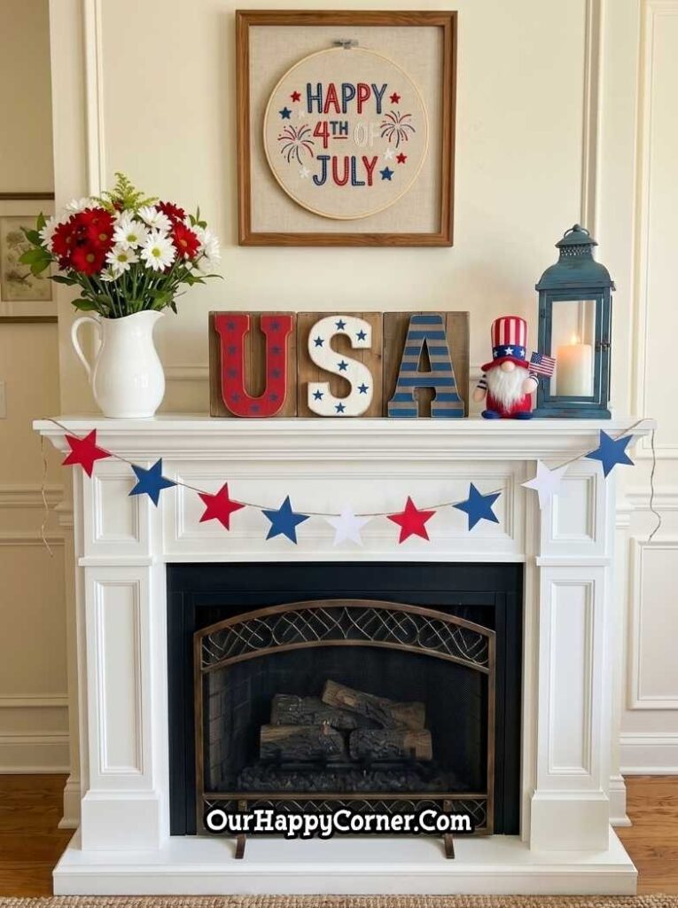 4th of July fireplace mantel with a framed embroidery hoop "Happy 4th of July" art, chunky USA wooden letters