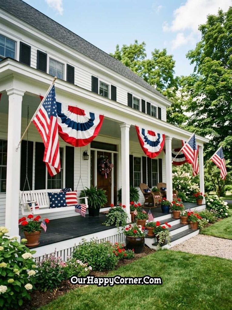 4th of July porch decor with white porch with American flags, bunting, and patriotic planters