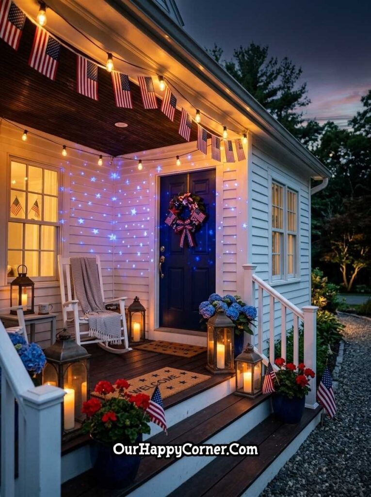 4th of July porch decor with lantern lighting, and star lights