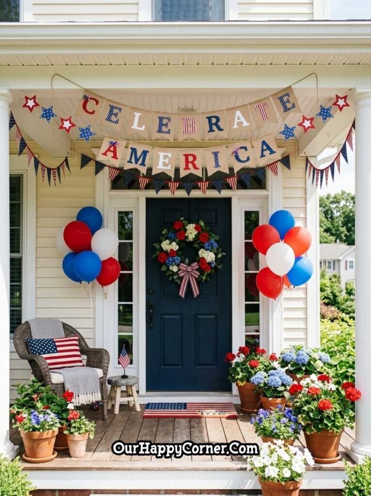 4th of July porch decor with Celebrate America banner, balloons, and patriotic flowers