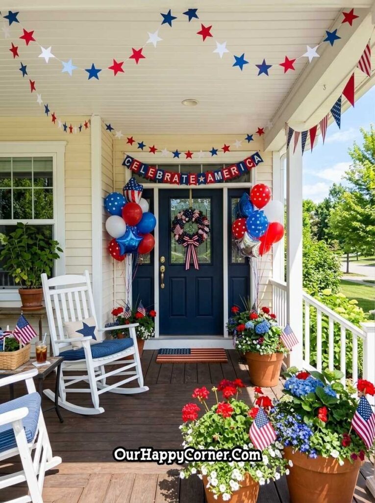 patriotic garlands, balloons, and red white blue decor