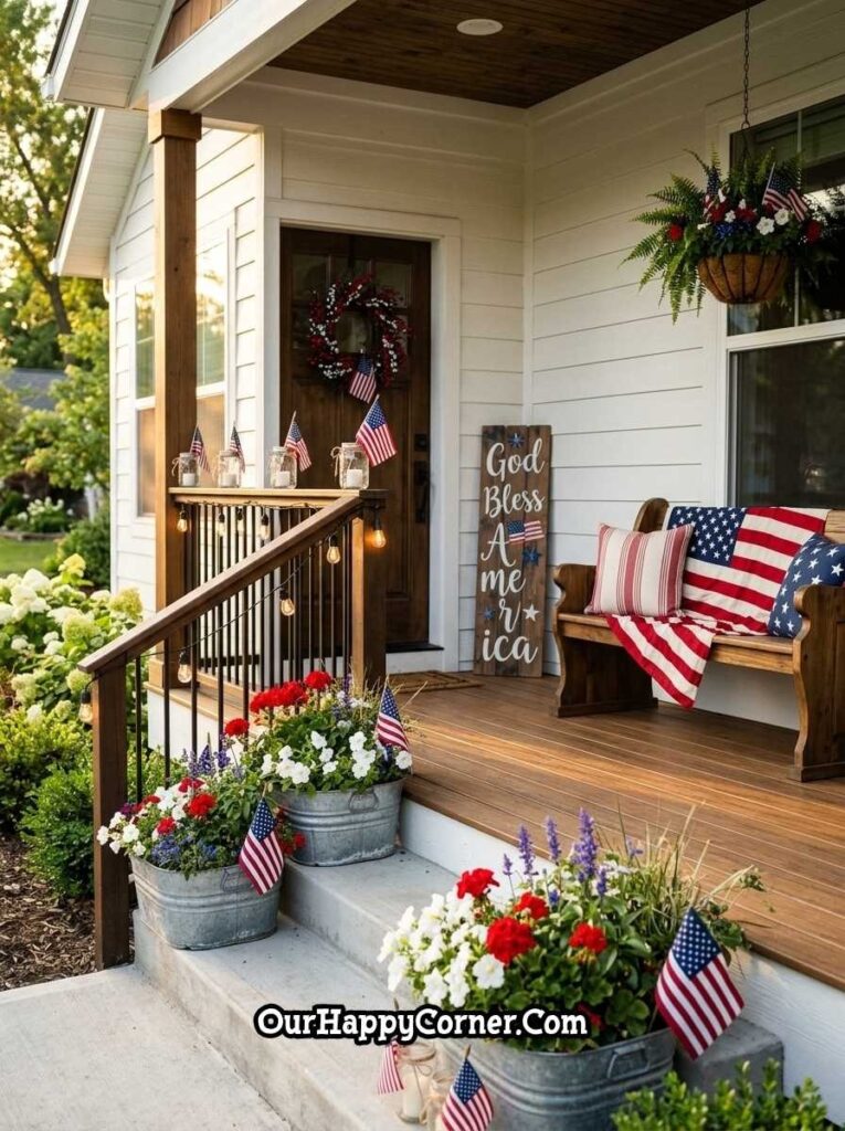 Rustic porch with wooden bench, patriotic decor, and red white blue flower planters