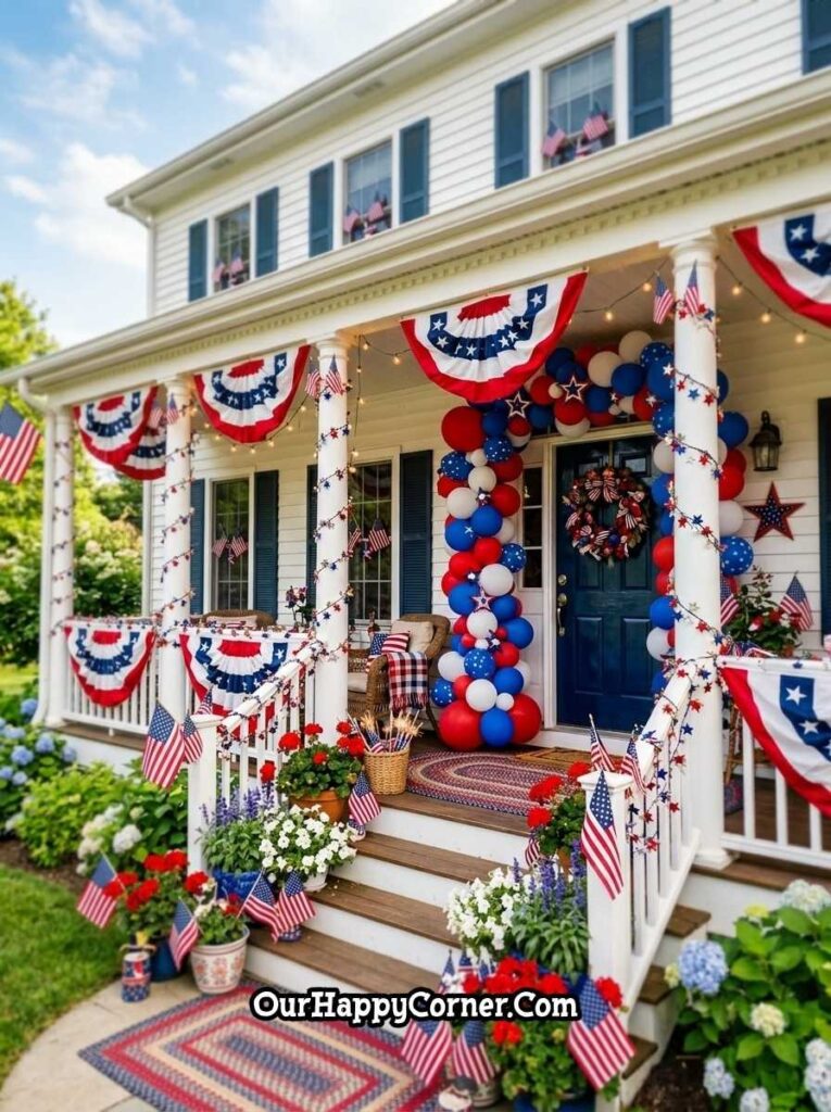 4th of July porch decor with balloon arch, bunting, and patriotic flowers